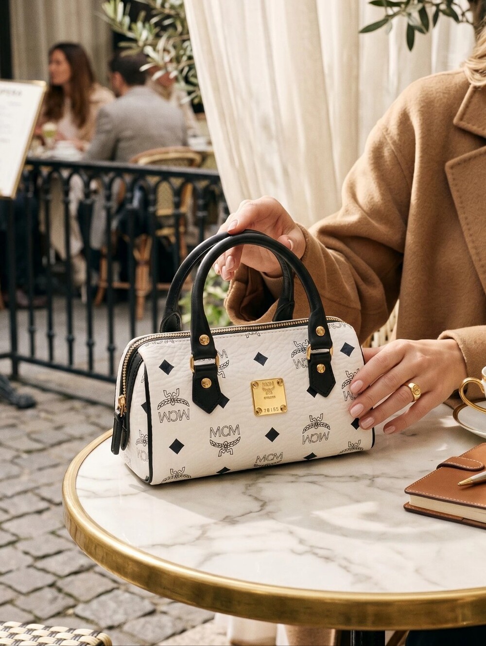 MCM Vintage Visetos Mini Boston Satchel/Crossbody - White And Navy
